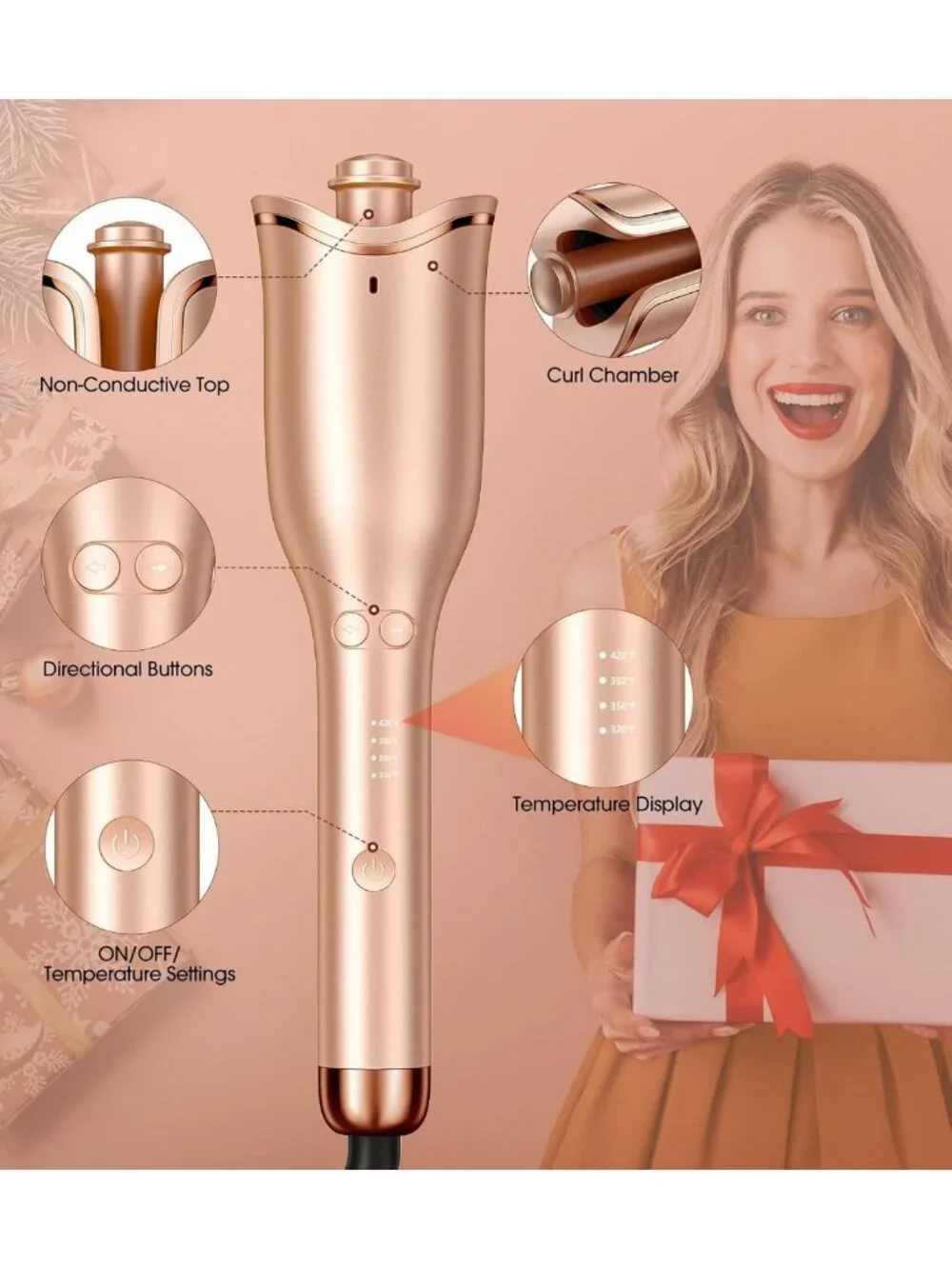 Automatic Curling Iron with 1'' Wand, 4 Temp Settings, Anti-Tangle & Auto
